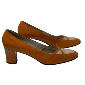 Vintage 1960s-70s Amalfi Leather Orange Brown Woven Tweed Heels Shoes 10 AAA